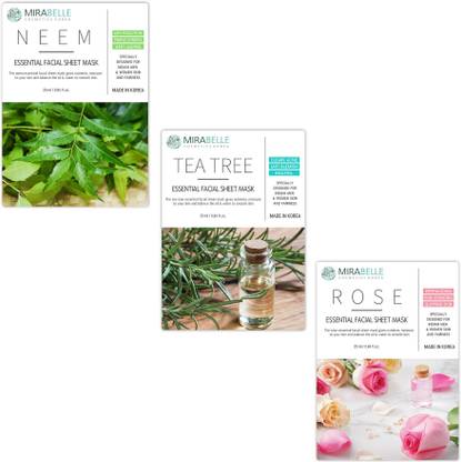Mirabelle KOREA ESSENTIAL FACIAL SHEET MASK(NEEM, TEATREE, ROSE - NTR - COMBO PACK OF 3)