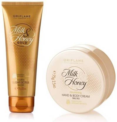 Oriflame Milk & Honey Gold Nourishing Hand & Body Cream + Smoothing Sugar Scrub Small Pack Combo
