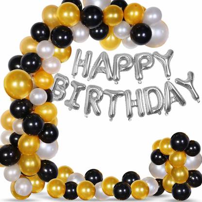 Party Decor Corner Solid Happy Birthday Balloons Decoration Kit 73Pcs Set For Husband Kids Boys wife Balloons Decorations Items Combo, Helium Letters Foil Balloon Banner,Metallic Balloons,Golden Silver Black Decor Balloon Bouquet