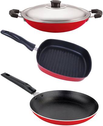 NIRLON Rust Free Non-Stick 3 Piece Kitchen Cooking Utensils Set with Bakelite Handle, 2.6mm_TP_AC_GP(22.5) Non-Stick Coated Cookware Set