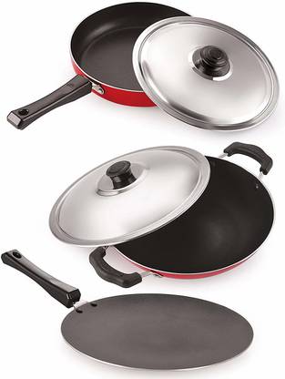 NIRLON Aluminium Non-Stick Red & Black Non-Stick Coated Cookware Set