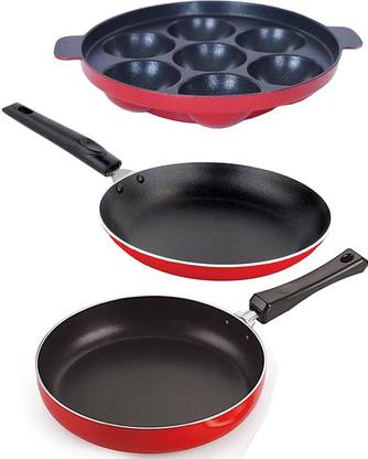 NIRLON 3 Piece Gas Stovetop Compatible Non-Stick Aluminium Cookware Combo Set with Bakelite Handle, 2.6mm_FP11_TP_AP(7) Non-Stick Coated Cookware Set