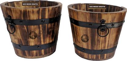 SIFU COLLECTION Wooden Bucket/Barrel Flower Pot for Home (Dark Brown) -Set of 2 Plant Container Set