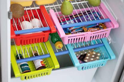 kinal Fruits/Vegetables Kitchen Rack Plastic 4 pcs Adjustable Fridge Storage Basket, Fridge Racks Tray Sliding Storage Racks, Fridge Organizer Drawer