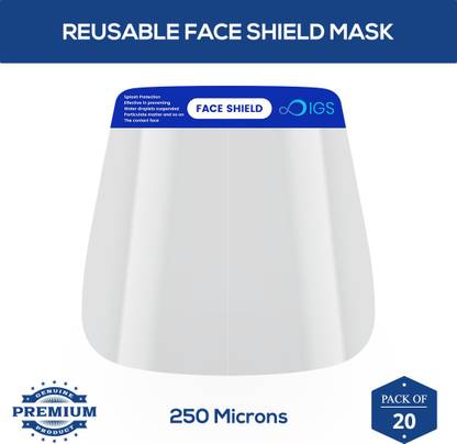 IGS Face shield Pack of 20 IGS Splash Proof Shield Face Mask High-Quality Adjustable Transparent Anti Spit Complete Cover and Full Protection Fits For All Elastic Band and Soft Sponge Reusable Mask For All Men & Women Premium Quality Shield Safety Visor