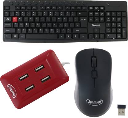 Quantum Hi-Tech QHM 9600 WIRELESS KEYBOARD AND MOUSE COMBO WITH QHM 6633 RED 4 PORT USB HUB Combo Set