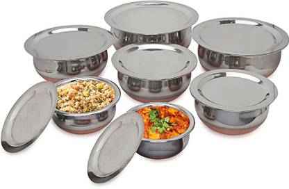 LIMETRO STEEL 7 Pcs Set of Stainless Steel Copper Bottom Prabhu Chetty / Cookware / Serveware / Handi / POT / Cook & Serve Handi Cookware Set