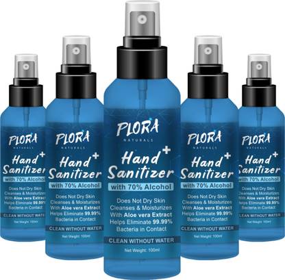 Plora Naturals Pocket Sanitizer cum Moisturizer Spray For Hands & Surfaces With 70% Alcohol, Aloe Vera Extracts, Moisturizer 100ml (PACK OF 5) Sanitizer Spray Bottle