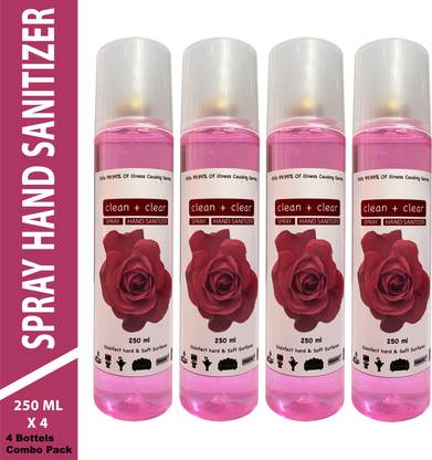 clean + clear hand sanitizer Rose Spray, Kills 99.9% Germs Instantly, 70 % Alcohol Based, Virus Protection Spray bottles (4x250ml) Sanitizer Spray Pump Dispenser