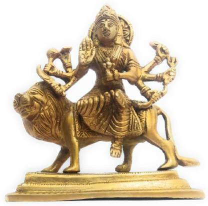 JDDCART Sherawali mata murti gold texture and finish Brass Durga idol Decorative Showpiece  -  14 cm