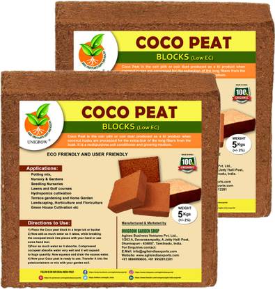 UNIGROW COCOPEAT BLOCKS - LOW EC (2 X 5KG blocks plus or minus 2%) used as growing medium for plants Soil