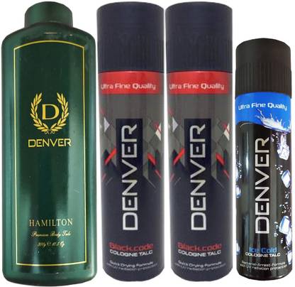 DENVER 1 ICE COLD COLOGNE TALC (100GM) + 2 BLACK CODE COLOGNE TALC (300GM) + 1 HAMILTON PREMIUM BODY TALCK (300GM)