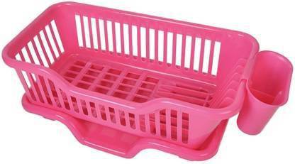 Vrundon Dish Drainer Kitchen Rack Plastic 3 in 1 Large Sink Set Dish Rack Drainer with Tray and cutlery holder(PINK)