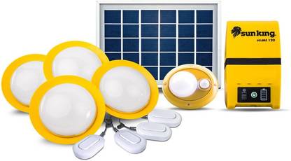 Sun King Home 120 Plus, 4 Solar Ceiling Lights with 1 Portable Motion Sensor Lamp and USB Mobile Charging Solar Light Set