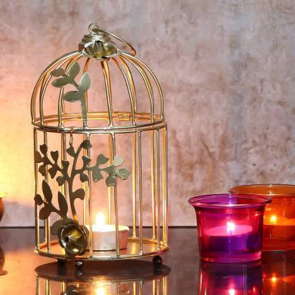 pleasing forest Iron Bird Cage Hanging Tea Light Holder with Flowers Dersign (Golden, Pack of 1) Iron Candle Holder Set