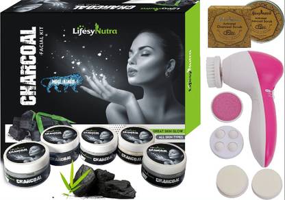 Lifesy Nutra Glow Facial kit (375g) + Activated Charcoal Face Scrub (150g) + 5 in 1 Facial Massager