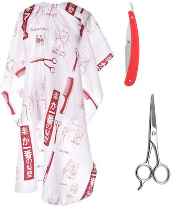 Angel Infinite Combo Of Hair Cutting Apron Cape (White), Straight Razor (Red), and Scissors Set of 3