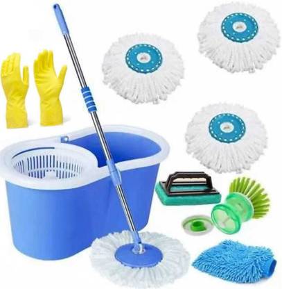 Mupkin Magic Dry Bucket Mop With , Refill And Tile Brush , Washbasin Brush , Rubber Glove , Microfiber Gloves Mop Set
