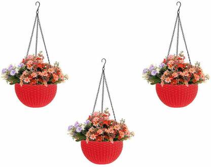 Dallao Plastic Hanging Planters, Red, Pot Diameter-7.1 Inch, Pot Height-4.8 Inch, Pot Thickness-3 mm, Chain Length-13 inch approx., Plant Container Set