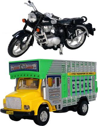 Miniature Mart Set Of 2 Small Size Made Of Plastic Indian Street Bike + Public Truck Toys For Kids|Babies Toys|Very Small Size(2 Combo Offer)
