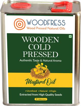 WOODFRESS Wooden Cold Pressed Mustard Oil 3L (Sarson ka Tel / Wood Pressed / Lakdi Ghani) Mustard Oil Tin