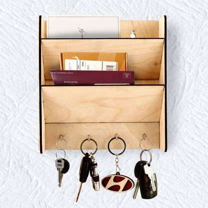 Runner Wall Mounted Mail / Letter Holder with 4 Hooks Wooden Key Holder Organizer Wood Key Holder