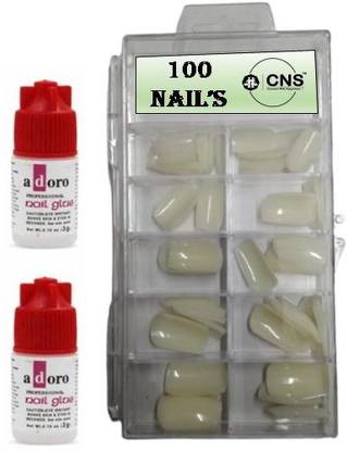 CNS NAIL ART 100 ARTIFICIAL NAILS WITH (2 PCS GLUE) WITH CRYSTAL BOX FOR SAFE CARING (Pack of 100 White)