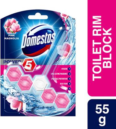 Domestos Power 5 Pink Magnolia Toilet Rim Block | Limescale Removal 55gm Rim Block
