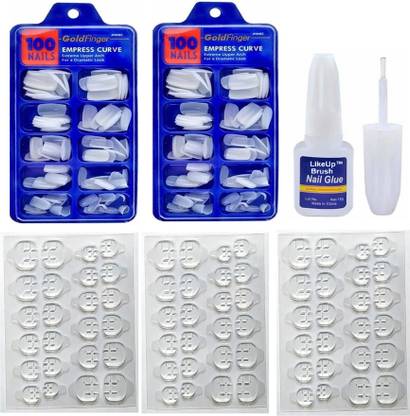 LikeUp Professional Quality Artificial Dynamic Clear White shinning professional Finger Empress Curve 200 Tips Fake Nails with 3 Sheet Double Sided Nails Glue Sticker And 1 pic Brush glue dynamic white clear Nails