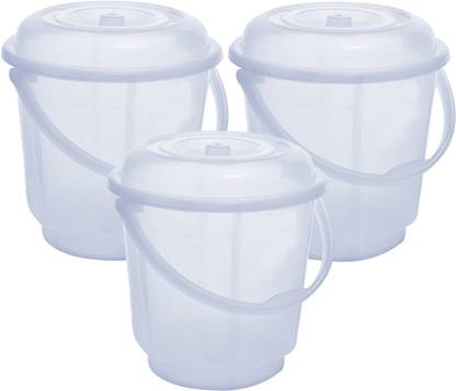 KUBER INDUSTRIES 3 Pieces Unbreakable Virgin Plastic Strong Transparent Bathroom Bucket With Lid 18 LTR (White)-KUBMART832 18 L Plastic Bucket