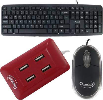 Quantum Hi-Tech QHM 7403 WIRED KEYBOARD, QHM 222 WIRED MOUSE AND QHM 6633 (RED) 4 PORT USB HUB (COMBO) Combo Set