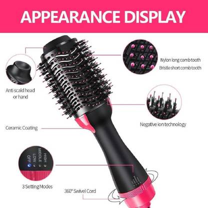 Kliznil Electric 4 in 1 Hot Air Hair Dryer Brush - Black/Pink Color