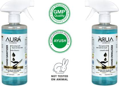 Aura  spray 500ml x 2 Alcohol based 72.35 % isopropyl with advanced Non-Greasy formula (Kills 99.99% Of Germs and Flu Viruses) Sanitizer Spray Bottle