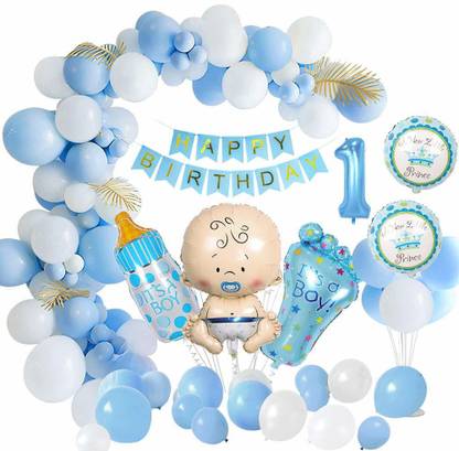 Anayatech 1St Birthday Party Decorations blue set-1 blue happy birthday banner,1 baby face,1 feeding bottle foil,1 baby foot foil,1 no foil,15 pc blue balloon 10 pc white balloon( pack of 30)