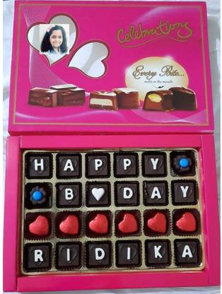 Choco Bubble Personalise, Happy BirthDay , 24 Chocolate Gift Box with edible Message 'HAPPY B DAY WITH YOUR NAME (12 Character Max)' and Pic of Love Ones On Box ( 24x 1 Units) Bars