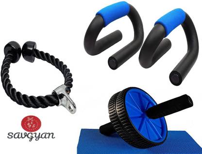 Savgyan Push Up Bar with AB Wheel Roller & Tricep Rope Attachment Pull Down/Extension Multi Gym Bodybuilding Cable Fitness Equipment Fitness Accessory Kit Kit
