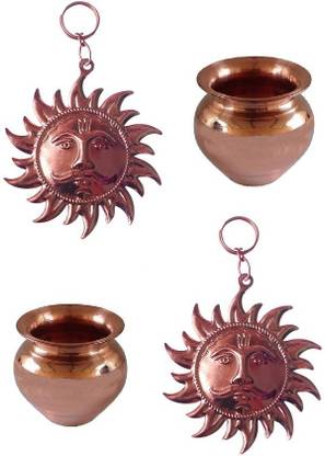 Uniqon Combo Of 2 Pcs Copper ( 2 No Small Size ) Kalash Lota With 2 Pcs Copper Color Sun Face Wall Hanging Idol For Puja Purpose Brass
