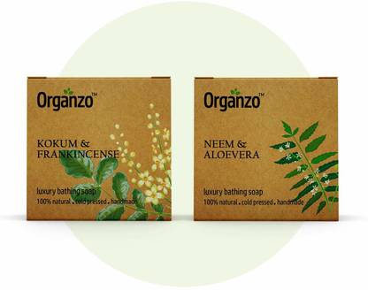 Organzo Organic Natural Hand Made Luxury Bathing Soap with Neem & Aloe Vera, Kokum Butter & Frankincense Chemical Free, Cold pressed Paraben Free SLS Free 100gm (Pack of 2)