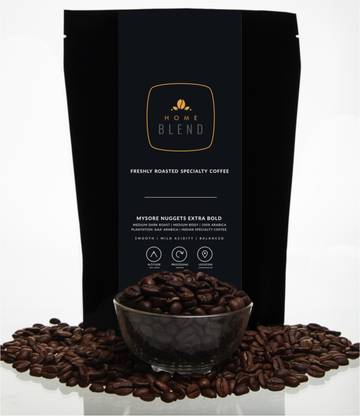 HOME BLEND Whole Bean Coffee - Mysore Nuggets Extra Bold - Indian Specialty Coffee - Plantation AAA Arabica (100%) - Pack of 250g (Dark Roast) Coffee Beans