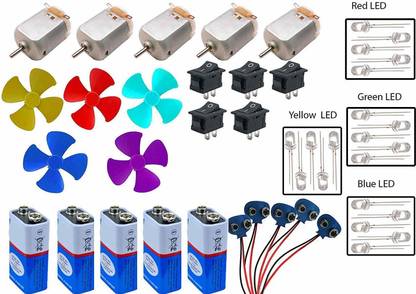 Zaib Project Hub Science Projects Kit for DIY, Toy Motor,4 Colour LED,9V Battery,Mini 4 Wing Fan,Battery Snap,Switches (Multicolour) Pack of 5 Each Electronic Components Electronic Hobby Kit