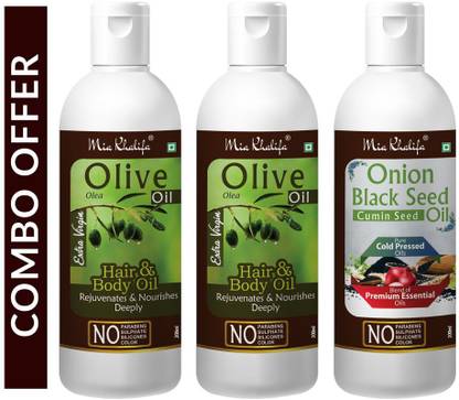 Mia Khalifa 100 % Pure Olive Oil To Support Hair Regrowth and Body, Rejuvenates and Nourishes Deeply 200 ML + 100 % Pure Olive Oil To Support Hair Regrowth and Body, Rejuvenates and Nourishes Deeply 100 ML + Onion Black Seed Hair Oil Preventing Hair Loss & Promoting Hair Growth Oil 100 ML Hair Oil