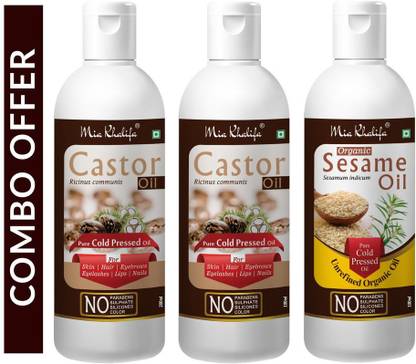 Mia Khalifa 100% Pure Castor Hair Oil, Cold Pressed, To Support Hair Growth 200 ML + 100% Pure Castor Hair Oil, Cold Pressed, To Support Hair Growth 100 ML + 100 % Pure and Natural Organic Sesame Oil for Skin and Hair 100 ML (Set of 3 Bottle) (400 ML) Hair Oil