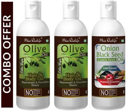 Mia Khalifa 100 % Pure Olive Oil To Support Hair Regrowth and Body, Rejuvenates and Nourishes Deeply 100 ML X 2 (200 ML) + Onion Black Seed Hair Oil Preventing Hair Loss & Promoting Hair Growth Oil 100 ML Hair Oil