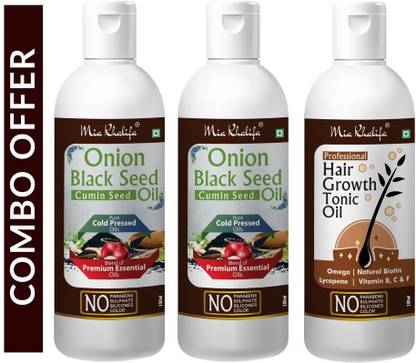 Mia Khalifa Onion Black Seed Hair Oil Preventing Hair Loss & Promoting Hair Growth Oil 150 ML + Onion Black Seed Hair Oil Preventing Hair Loss & Promoting Hair Growth Oil 100 ML + 100 % Pure and Natural Hair Growth Tonic For Hair Regrowth, Anti Hair Fall 100 ML (Set of 3 Bottle) (350 ML) Hair Oil