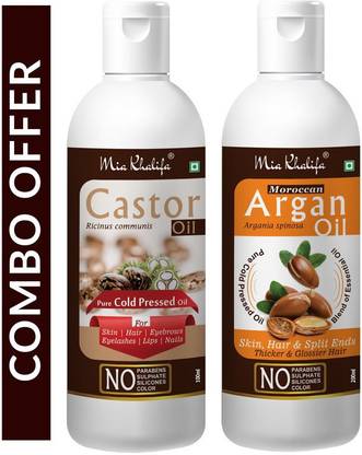 मिआ खलीफा बालों के विकास को सपोर्ट करने के लिए 100% प्योर कैस्टर, कोल्ड प्रेस्ड 100 ML मोरक्कन आर्गन प्योर कोल्ड प्रेस्ड ब्लेंड ऑफ़ एसेंशियल ऑइल फॉर स्किन, हेयर एंड स्प्लिट घने और चमकदार बाल समाप्त करता है 200 ML (2 बोतल का सेट) केश तेल