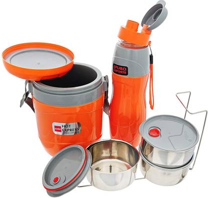 cello Lunch Express Insulated Tiffin & Water Bottle, 2 PCS Set, Orange 3 Containers Lunch Box