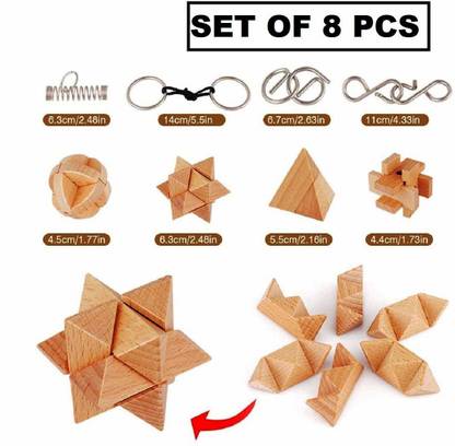 WHITE POPCORN 8 Wooden & Metal Puzzle for Kids, Wooden 3D Puzzle Game Set for Kids Brain Games - Set of 8 Pieces