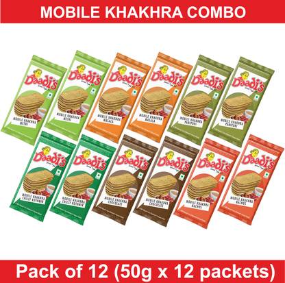 Daadi's Assorted Mobile Khakhra 50g (Pack Of 12) - Methi 2, Masala 2, Chilly Kothmir 2, Panipuri 2, Chocolate 2, Nachos2.