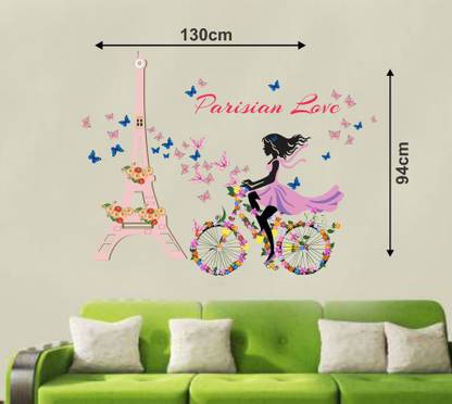 GLOBAL GRAPHICS 130 cm Paris Love Wall Sticker Girl Walking in paris with cycle and eiffel tower wall sticker (size130x94cm) Self Adhesive Sticker