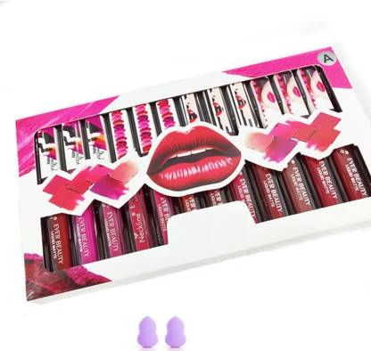 SKINPLUS The Matte Liquid Lipstick 12 Pcs With 2 Sponge Puff
